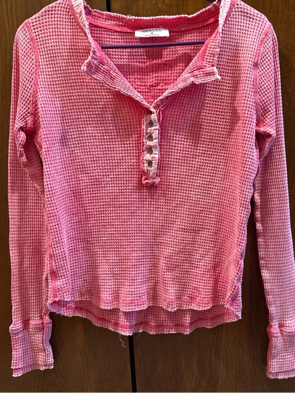 Zenana Outfitters Pink Waffle-Knit Long Sleeve Henley